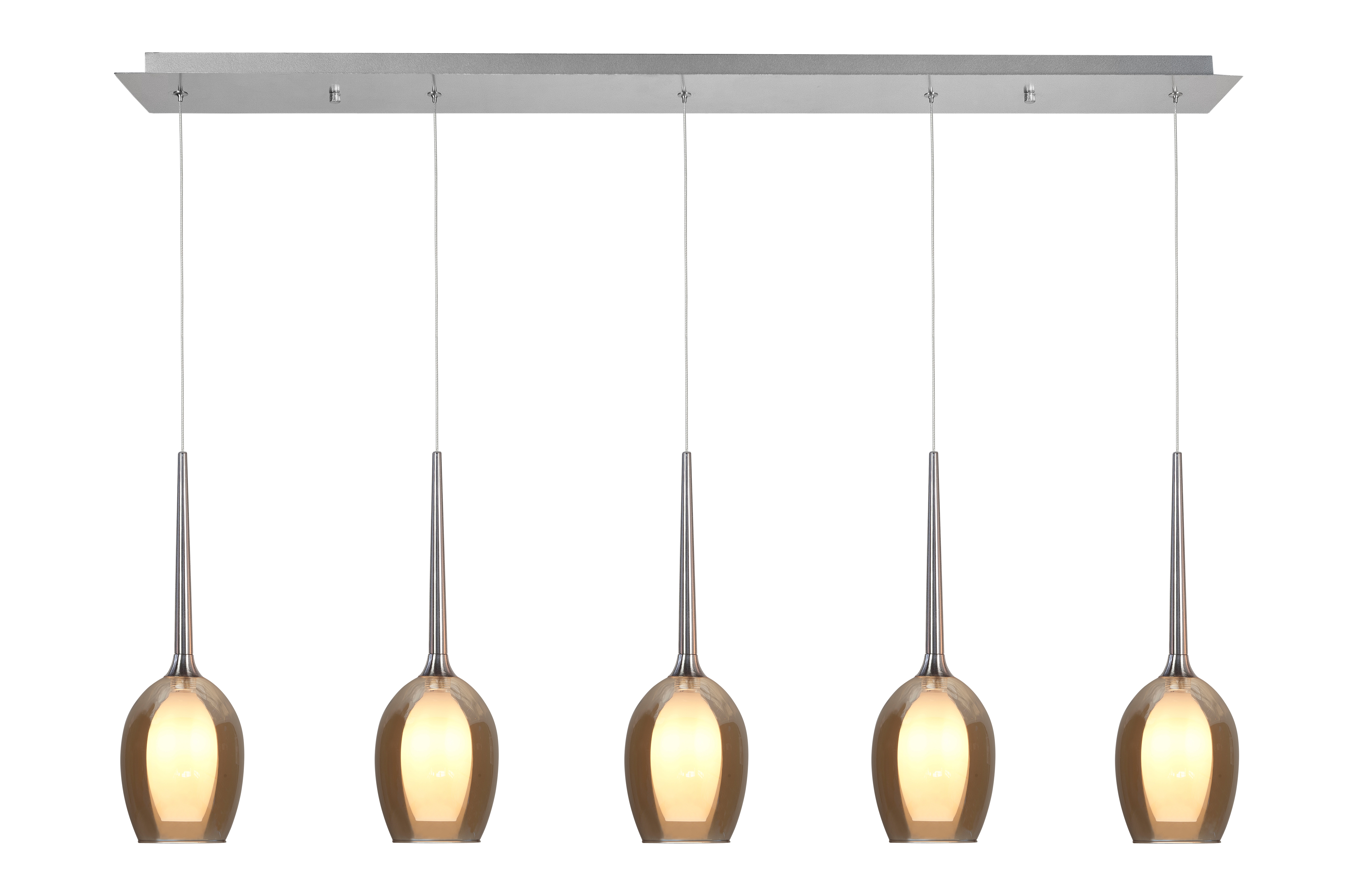 Hanglamp Belle recht nikkel + amber glas 5 lichtpunten