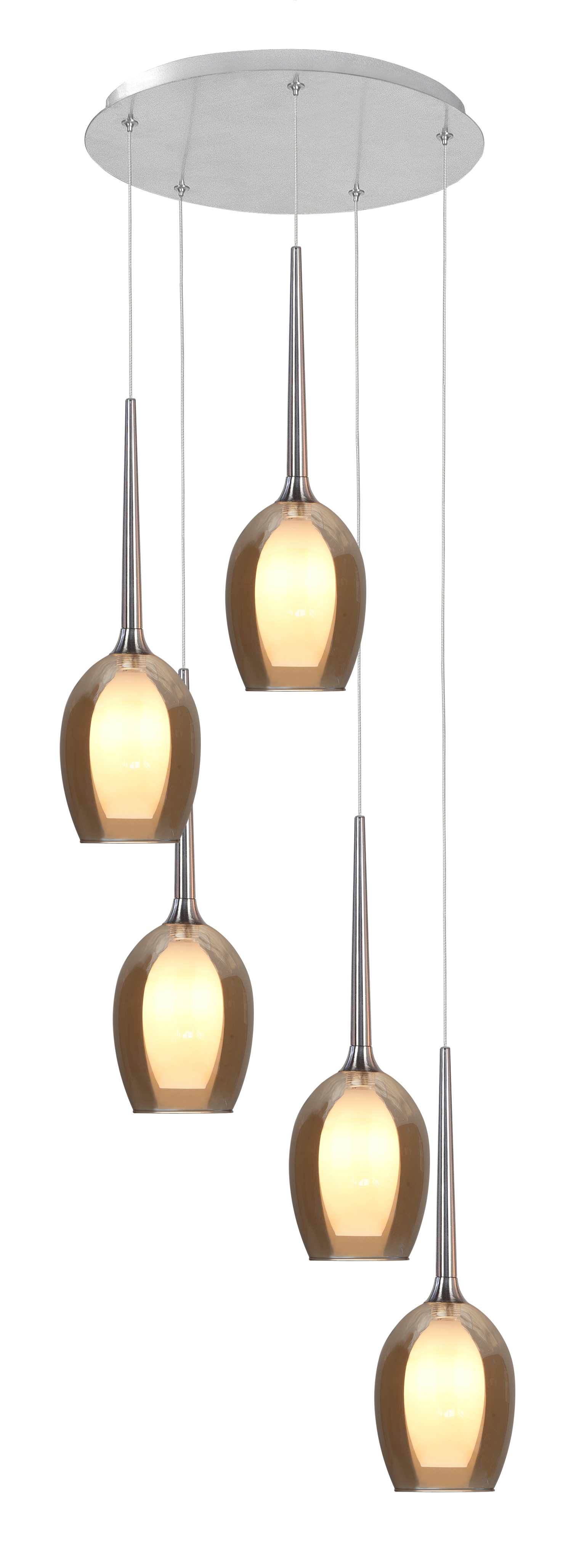 Hanglamp Belle rond nikkel + amber glas 5 lichtpunten