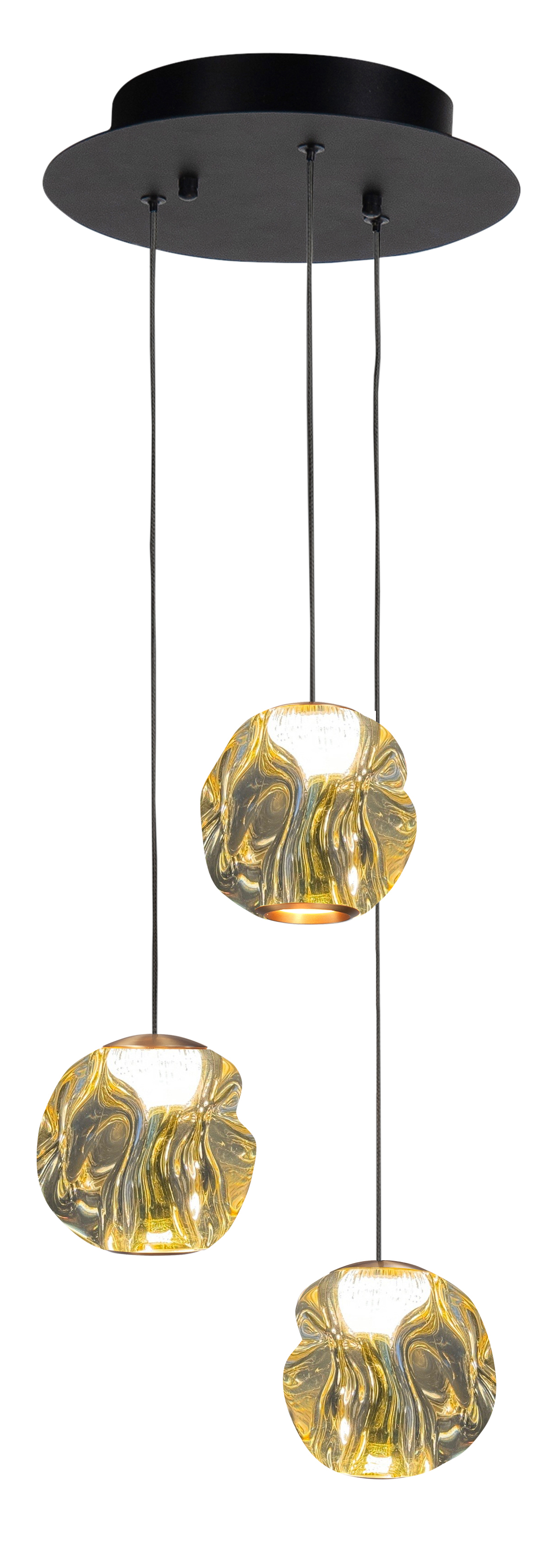 Hanglamp Melina zwart + messing + amber acryl 3 lichtpunten