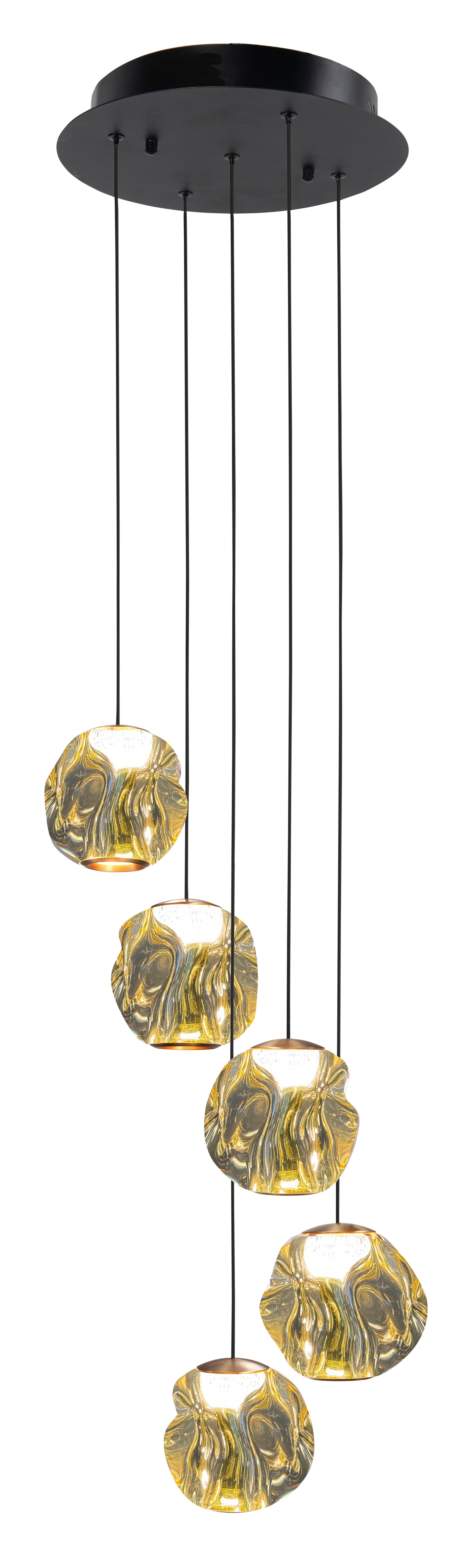 Hanglamp Melina rond zwart + messing + amber acryl 5 lichtpunten