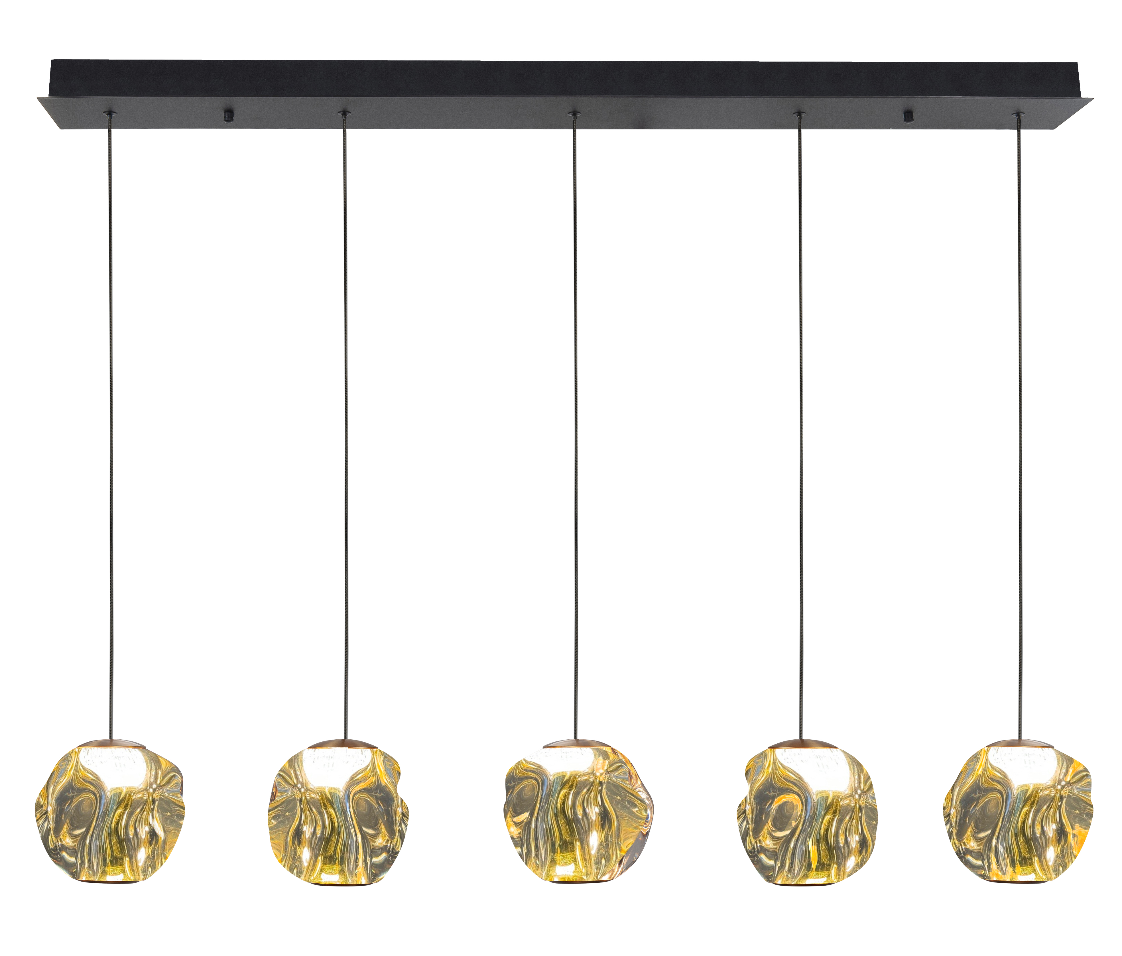 Hanglamp Melina recht zwart + messing + amber acryl 5 lichtpunten