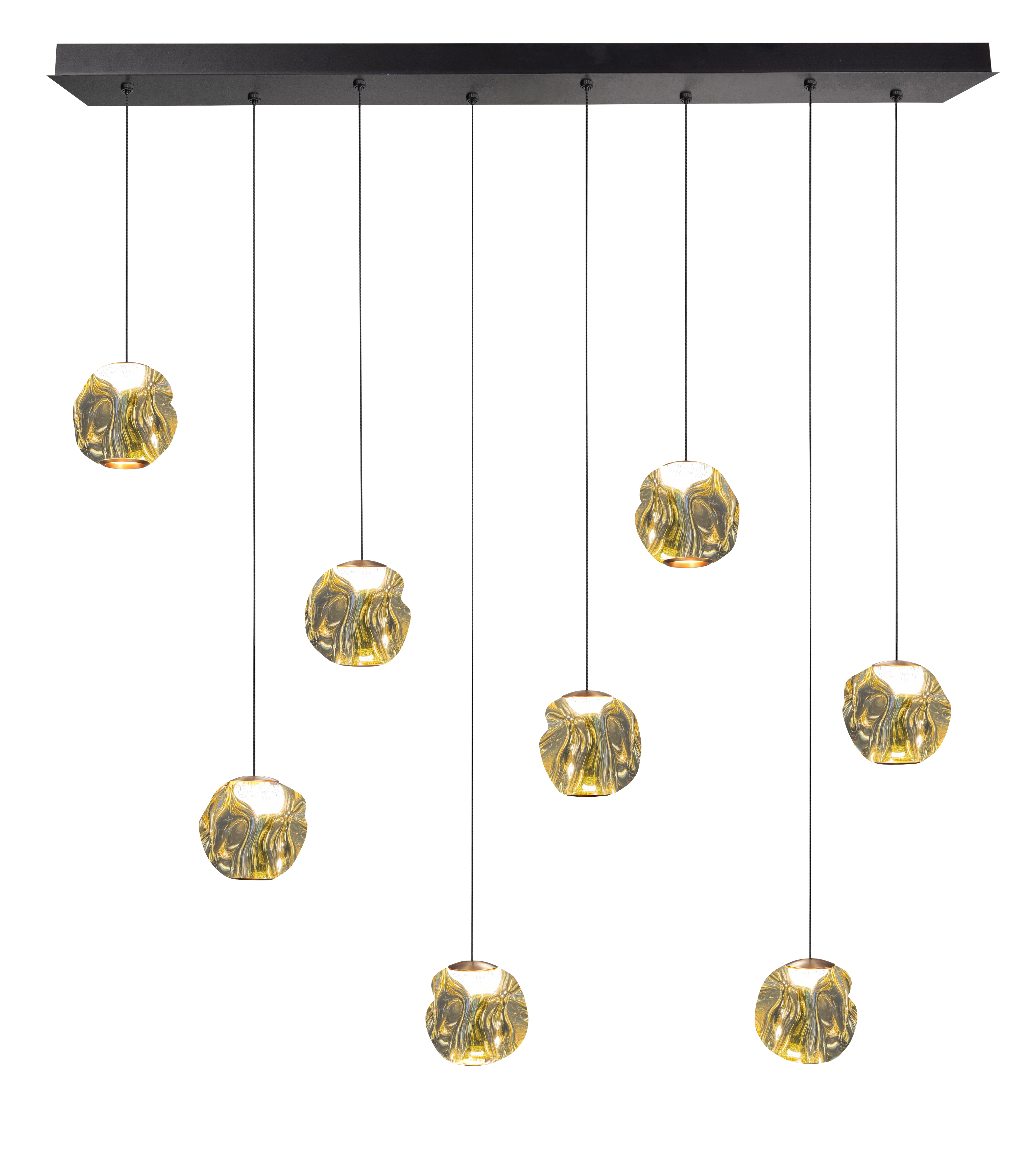 Hanglamp Melina recht zwart + messing + amber acryl 8 lichtpunten