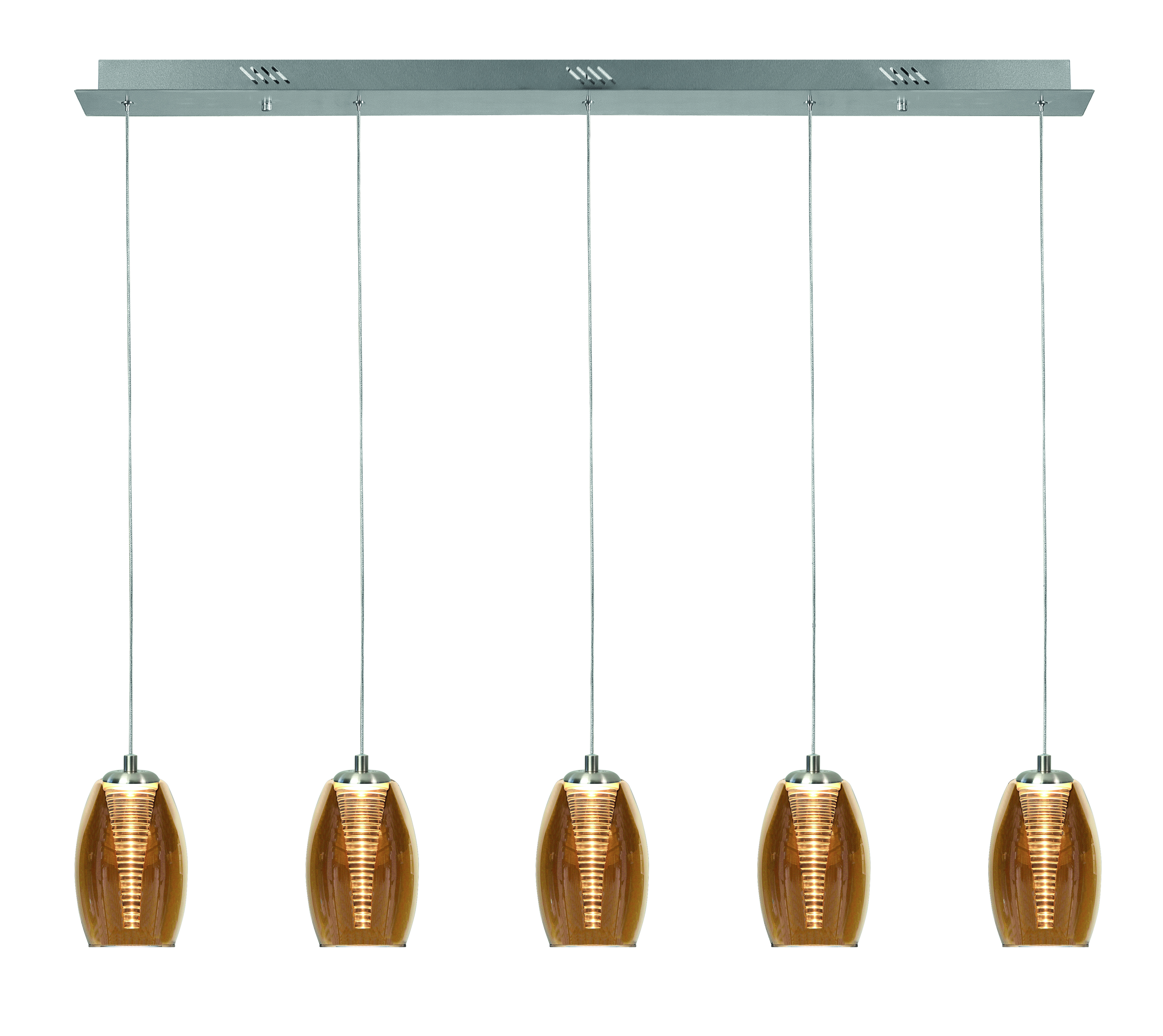 Hanglamp Nebula recht nikkel + amber glas 5 lichtpunten