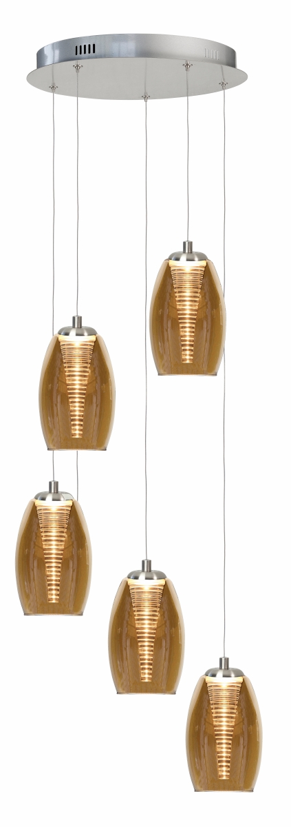 Hanglamp Nebula rond nikkel + amber glas 5 lichtpunten
