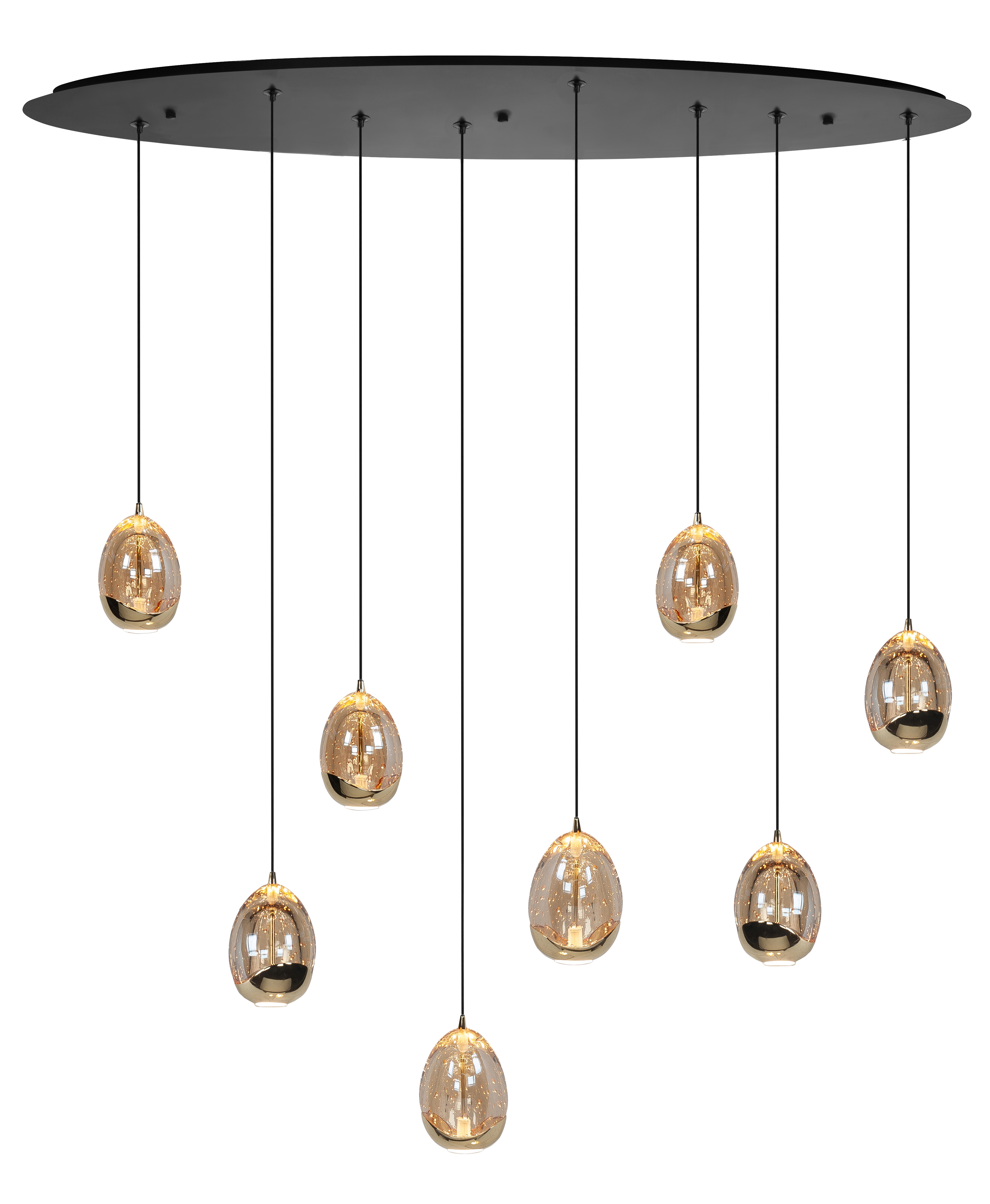 Hanglamp Golden Egg ovaal zwart + goud + amber glas 8 lichtpunten