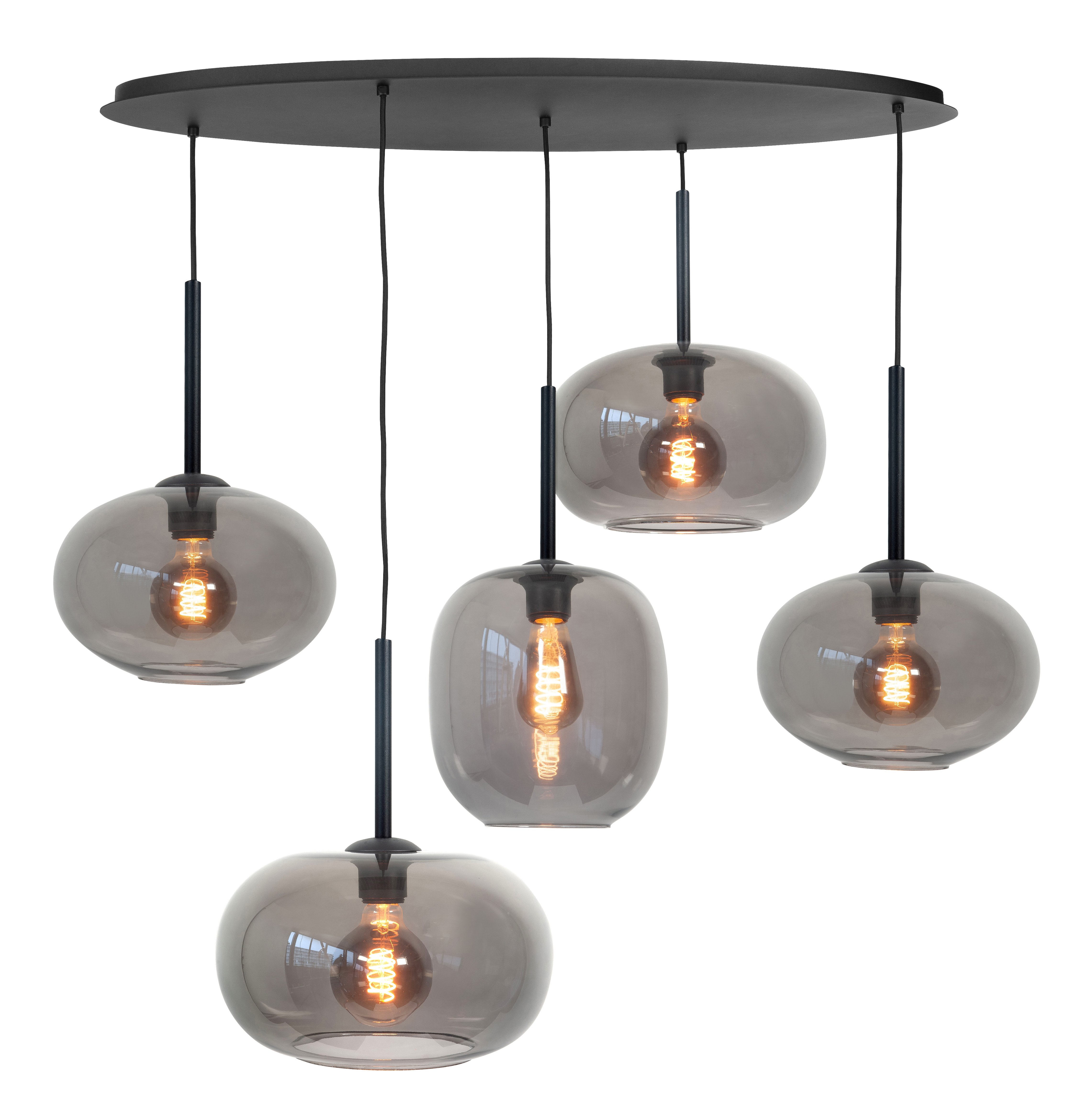 Hanglamp Bellini zwart + zwart glas 5 lichtpunten