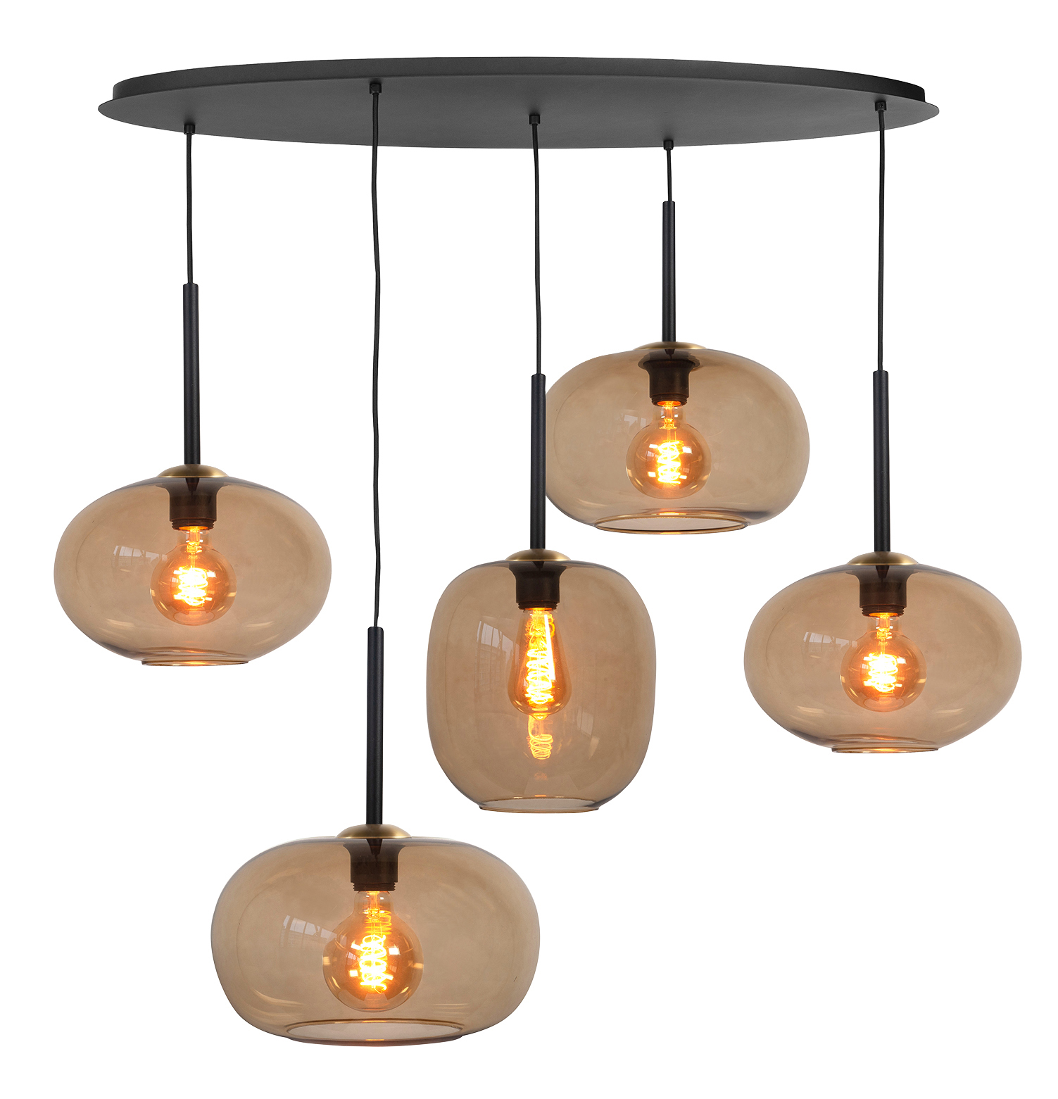 Hanglamp Bellini zwart + bruin glas 5 lichtpunten