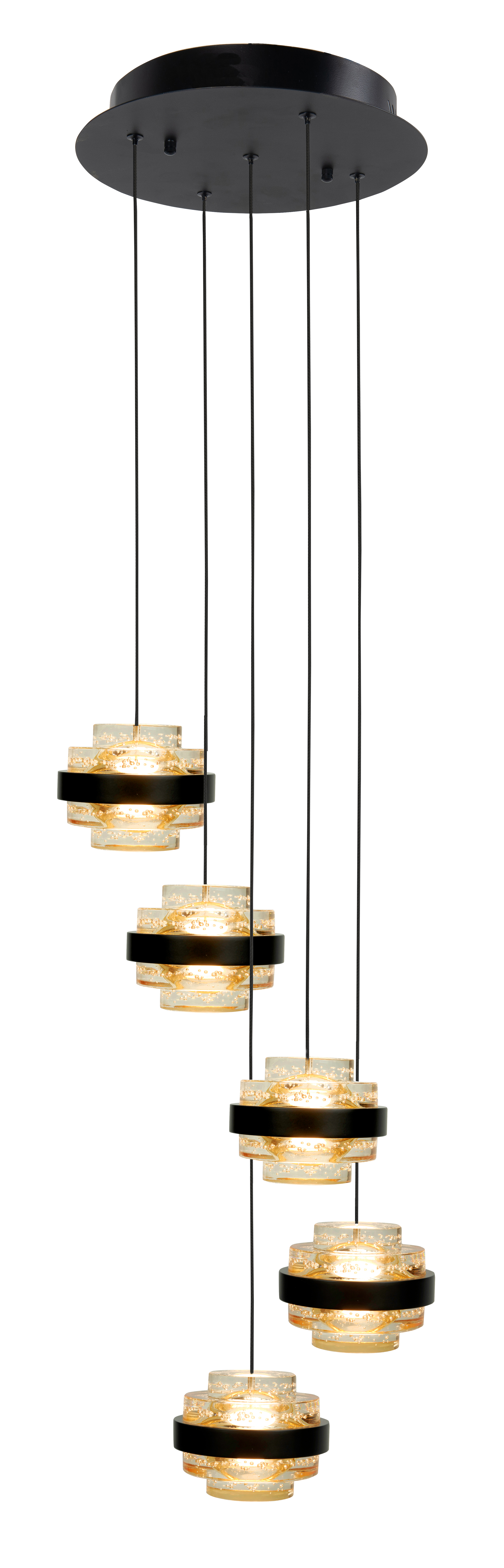 Hanglamp Dynasty rond zwart + champagne acryl 5 lichtpunten