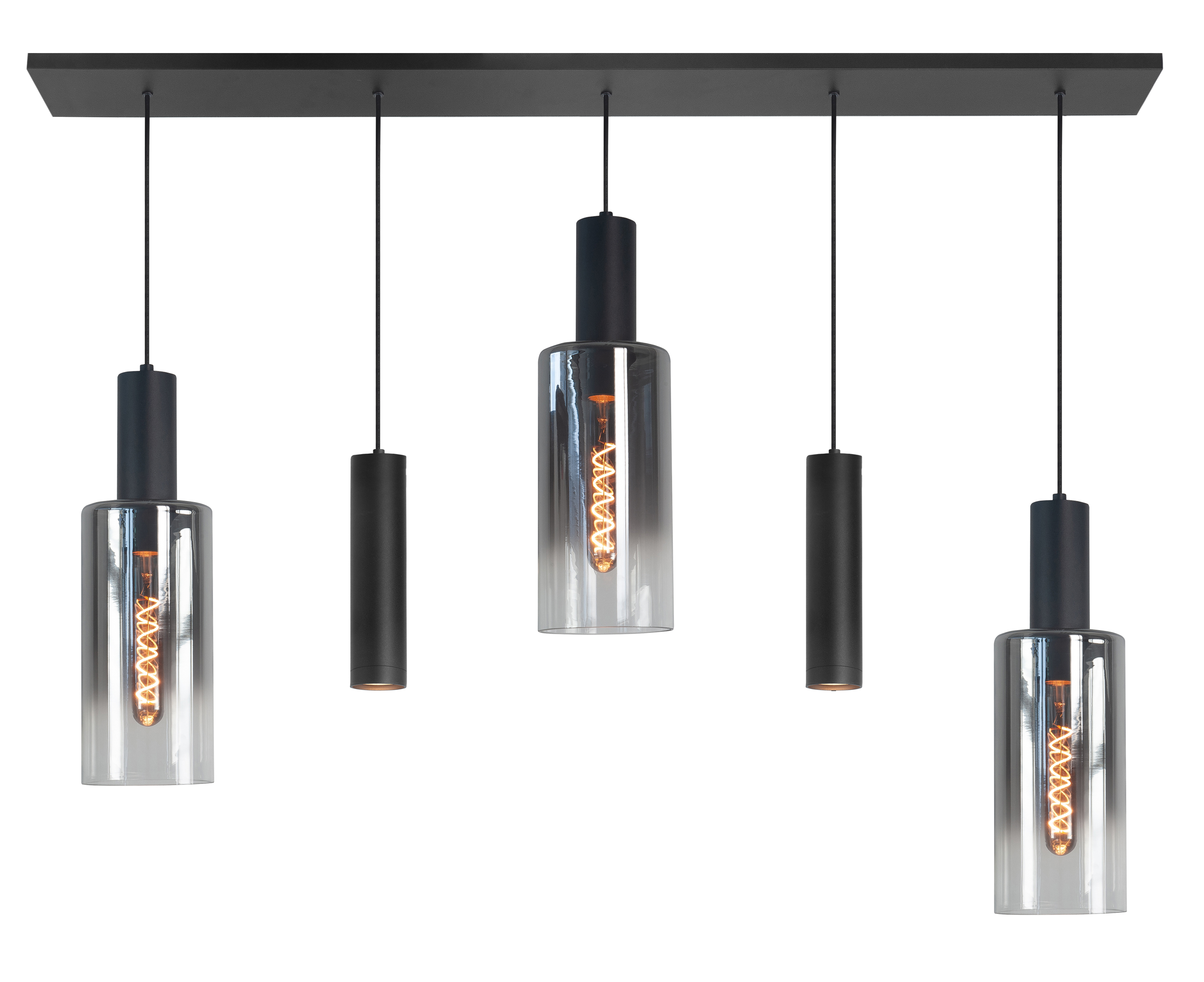 Hanglamp Perugia zwart + smoke glas 5 lichtpunten