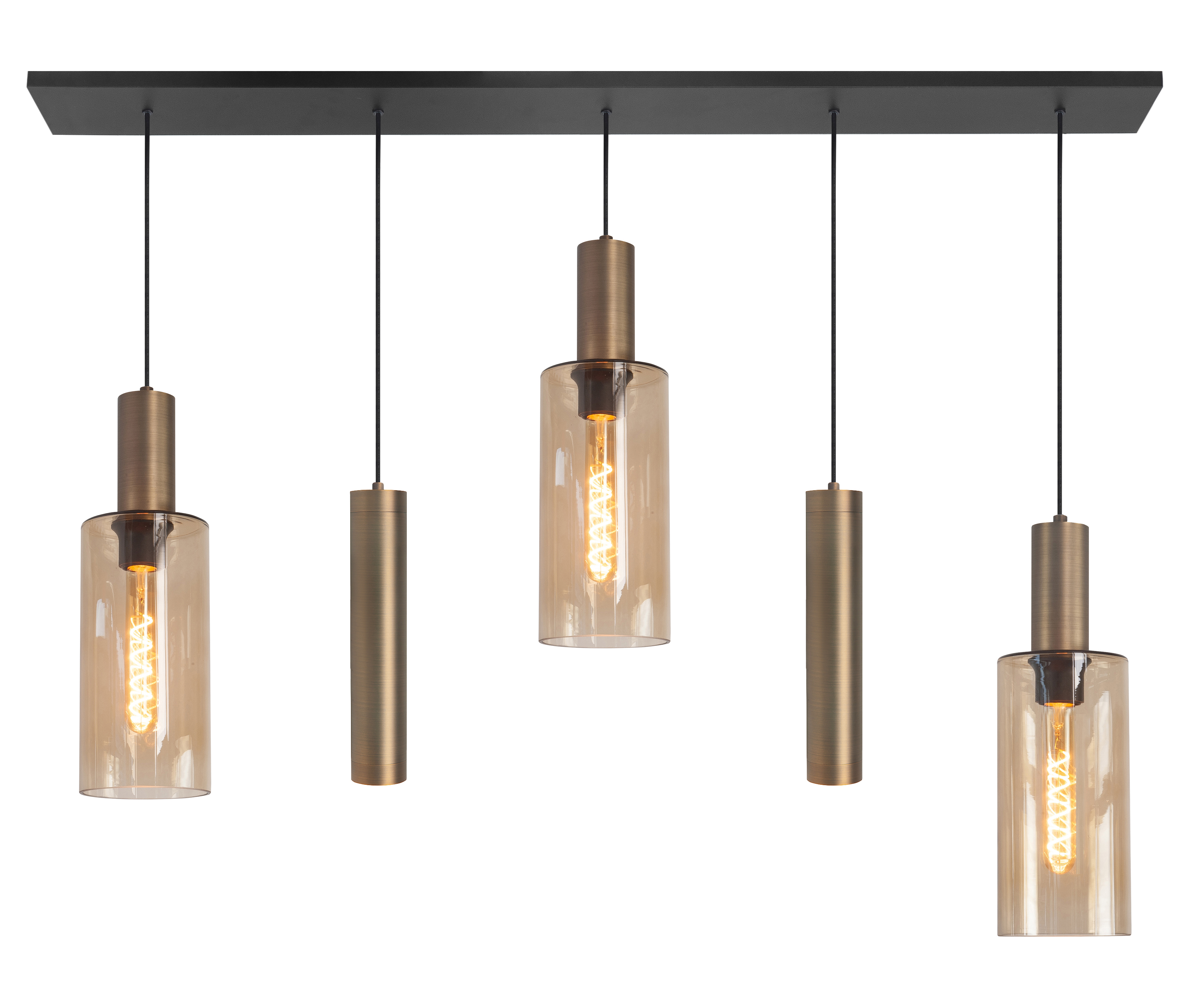 Hanglamp Perugia zwart + brons + bruin glas 5 lichtpunten
