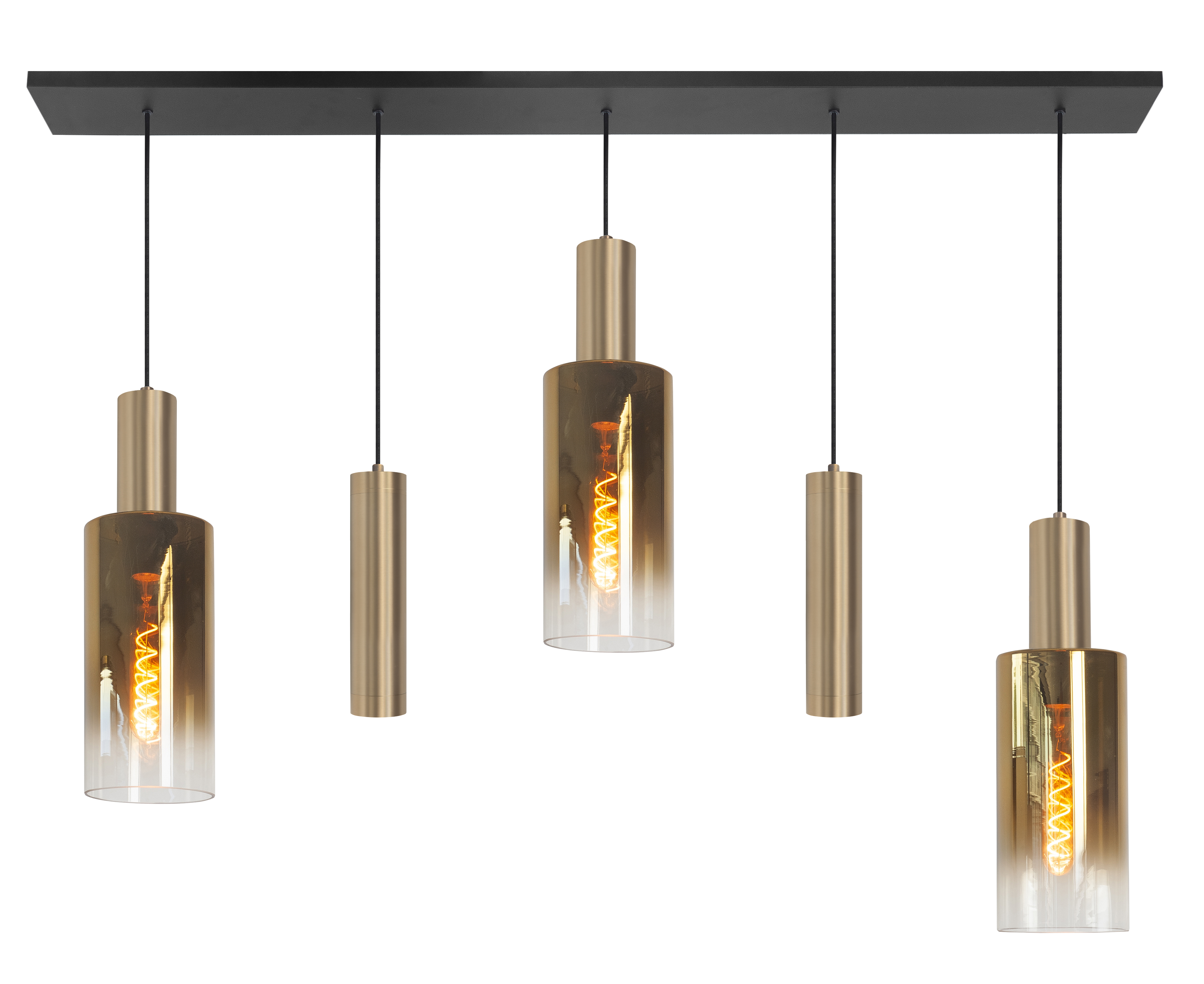 Hanglamp Perugia zwart + messing + goud glas 5 lichtpunten