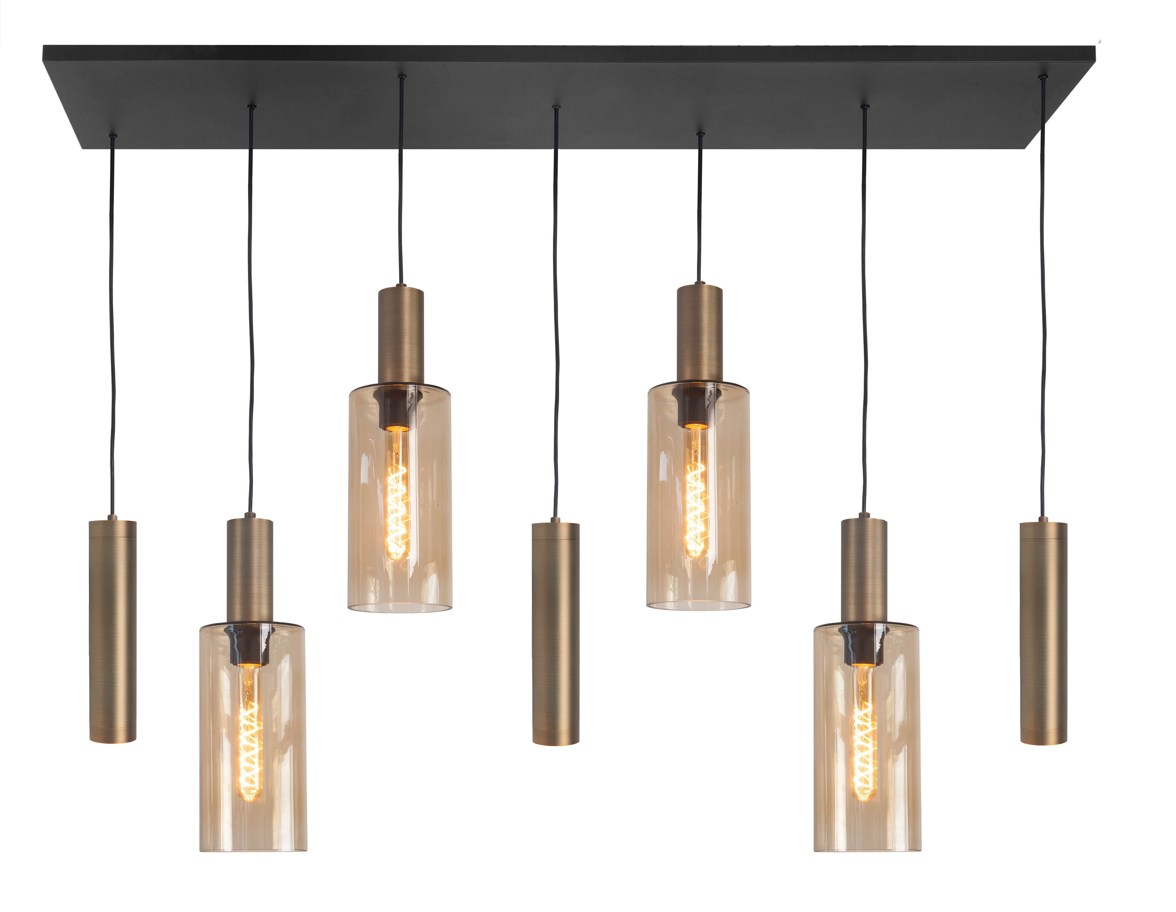 Hanglamp Perugia zwart + brons + bruin glas 7 lichtpunten