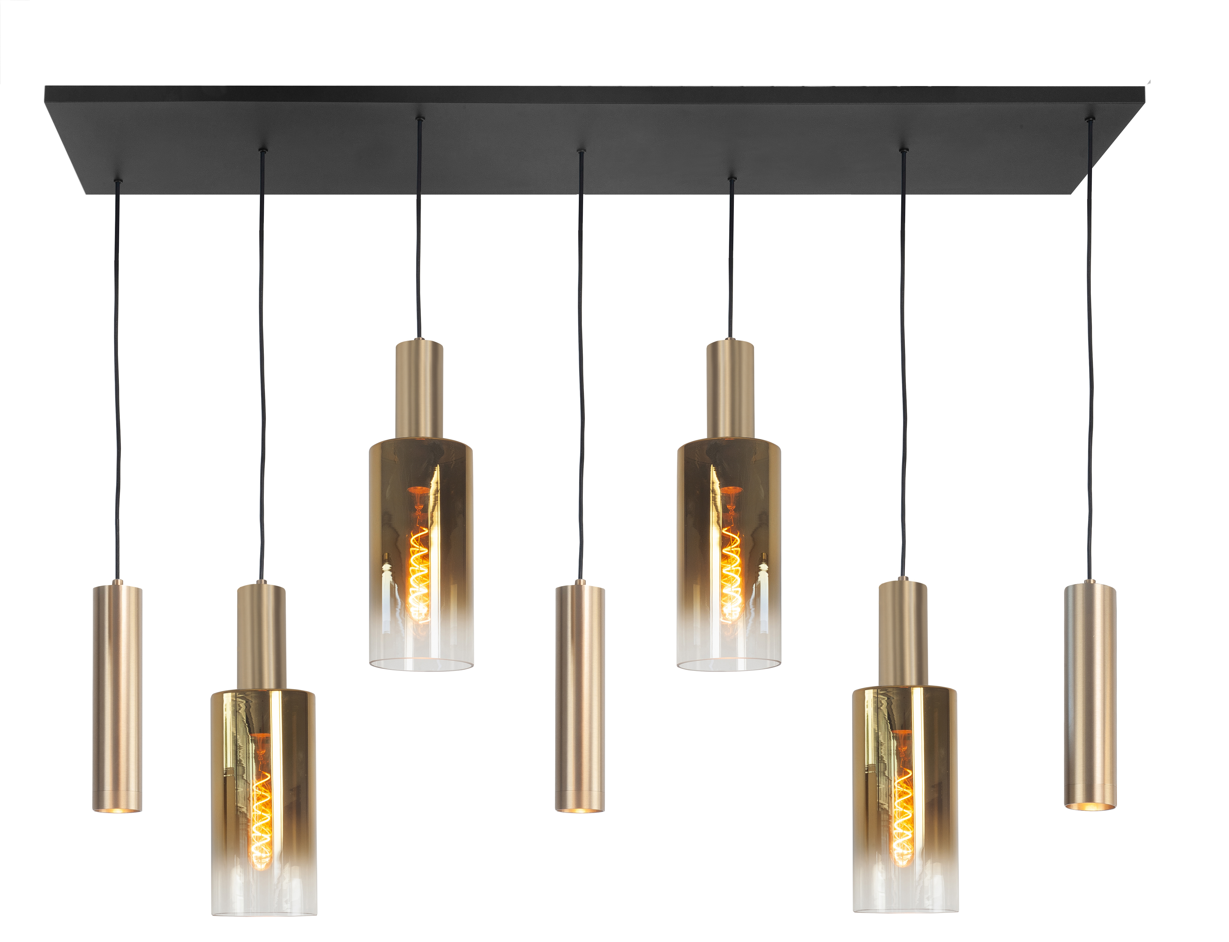Hanglamp Perugia zwart + messing + goud glas 7 lichtpunten
