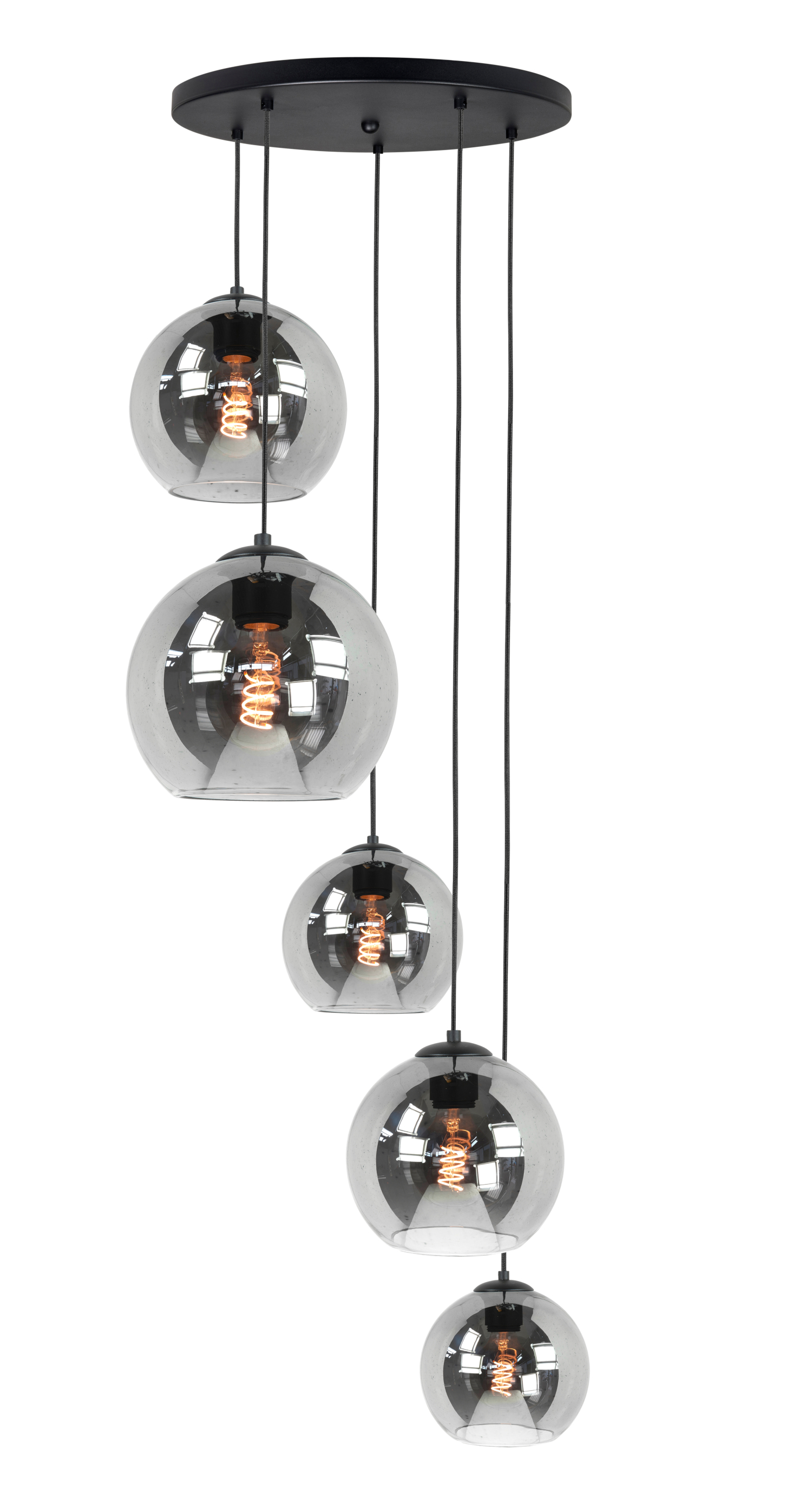 Hanglamp Fantasy rond zwart + smoke glas 5 lichtpunten 45cm
