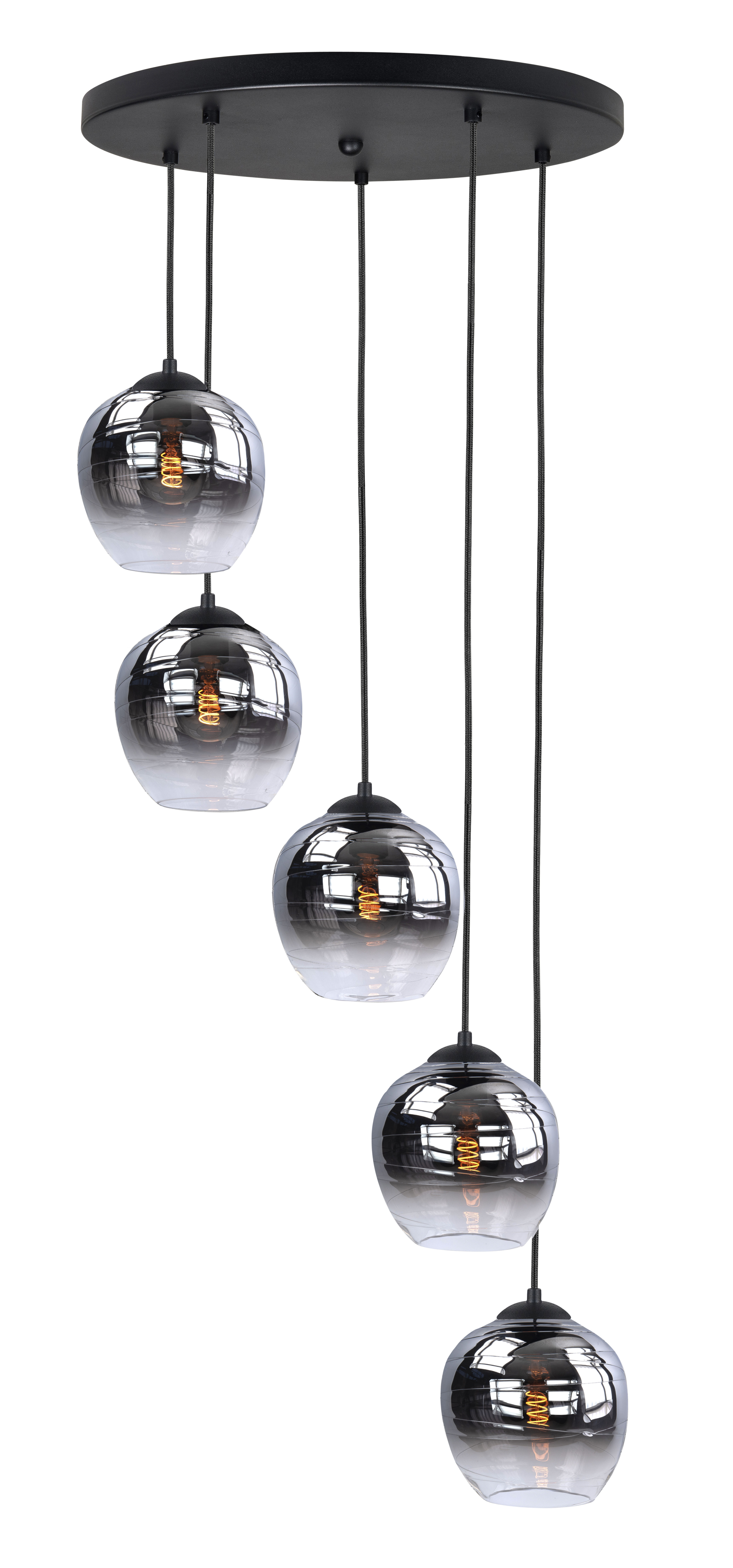 Hanglamp Fantasy rond zwart + semi smoke glas 5 lichtpunten 45cm