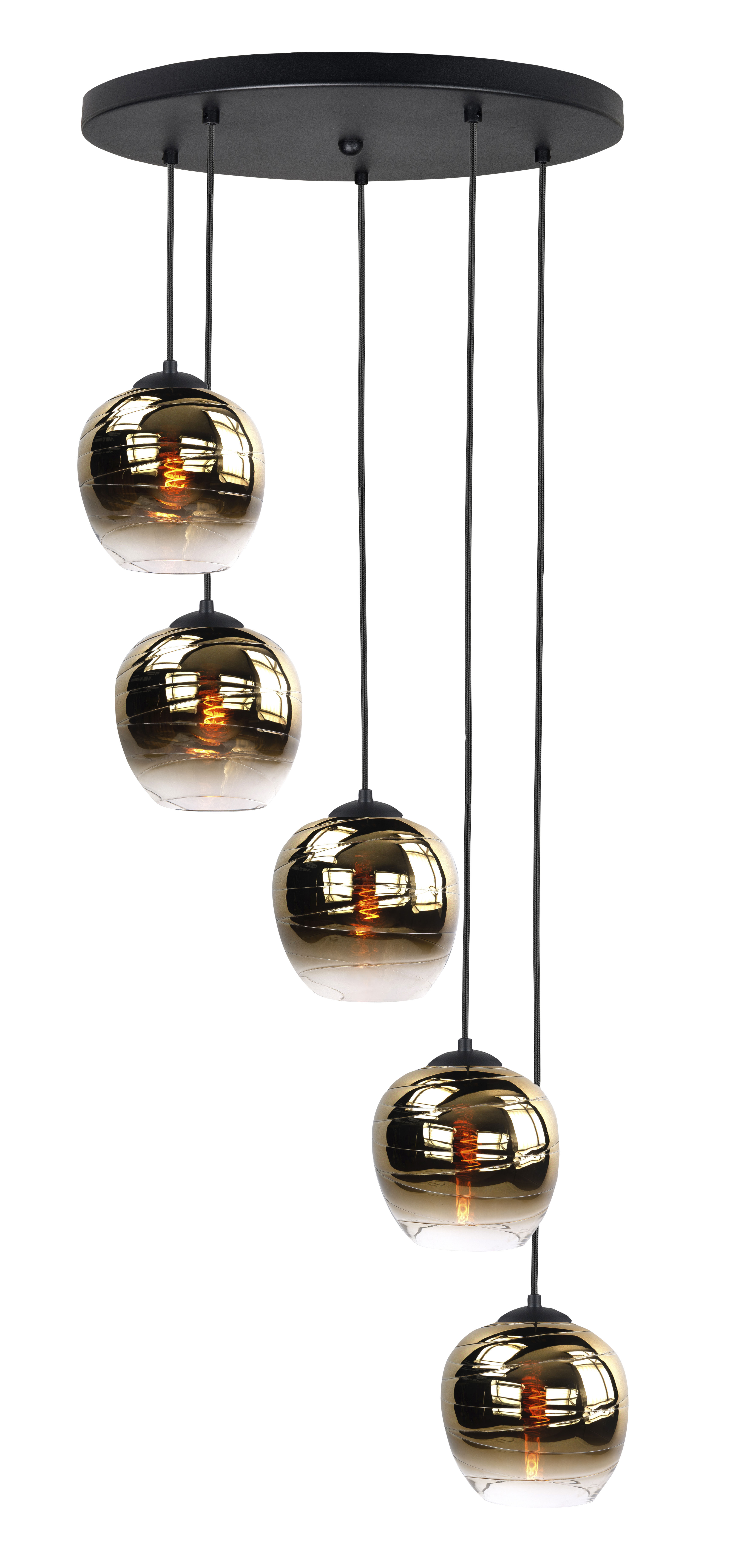 Hanglamp Fantasy rond zwart + goud glas 5 lichtpunten 45cm