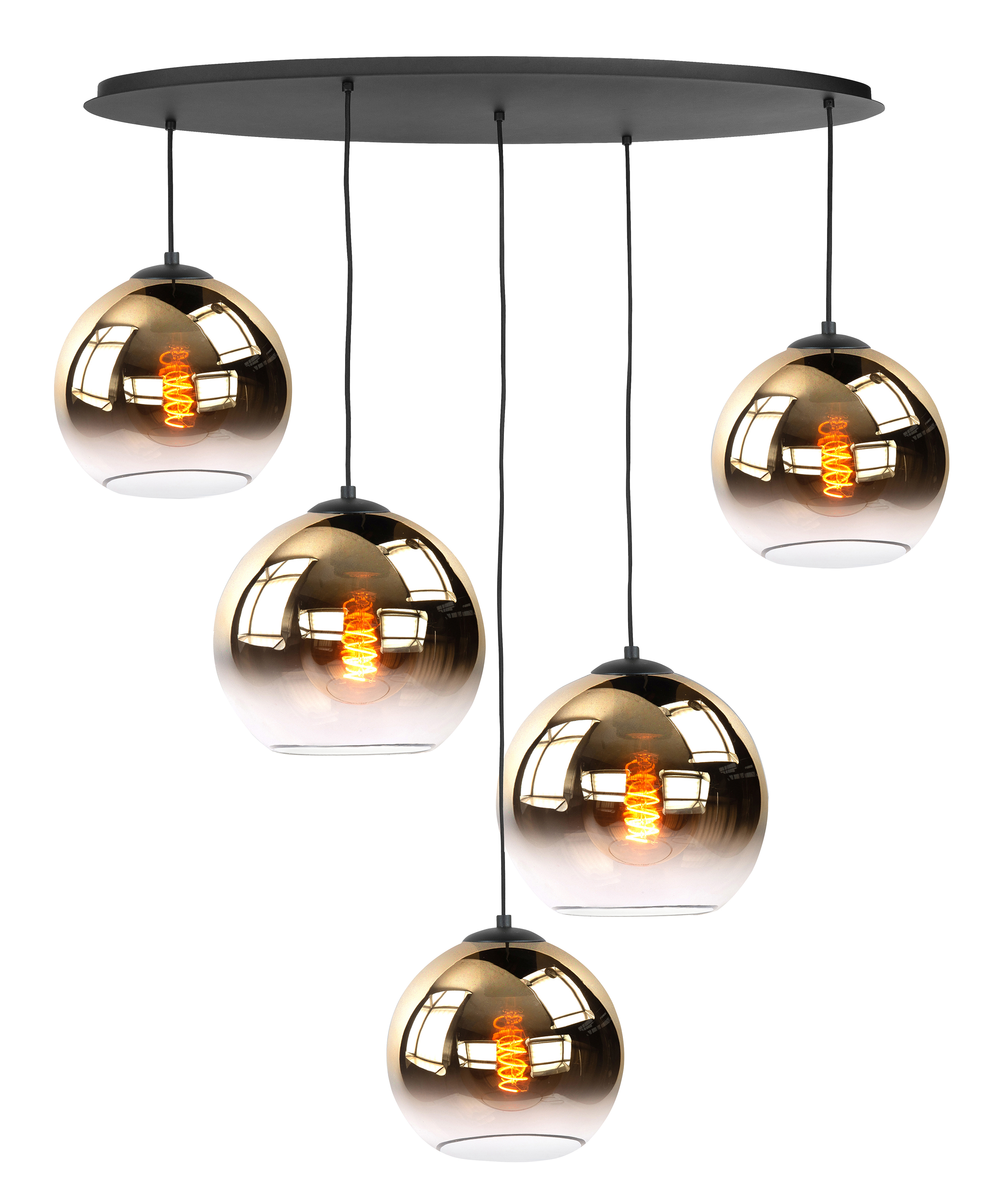 Hanglamp Fantasy Ovaal zwart + goud glas 5 lichtpunten
