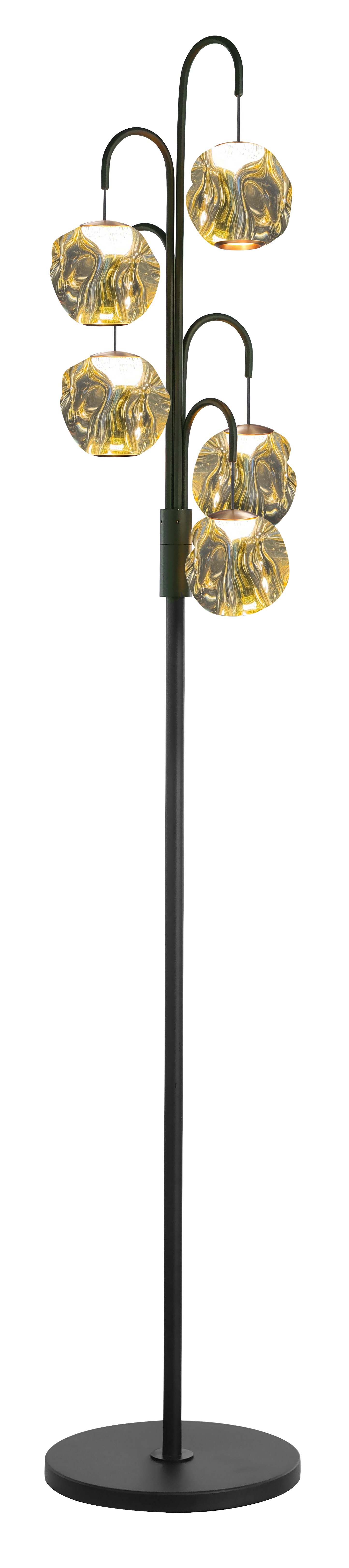 Vloerlamp Melina zwart + messing + amber acryl 5 lichtpunten