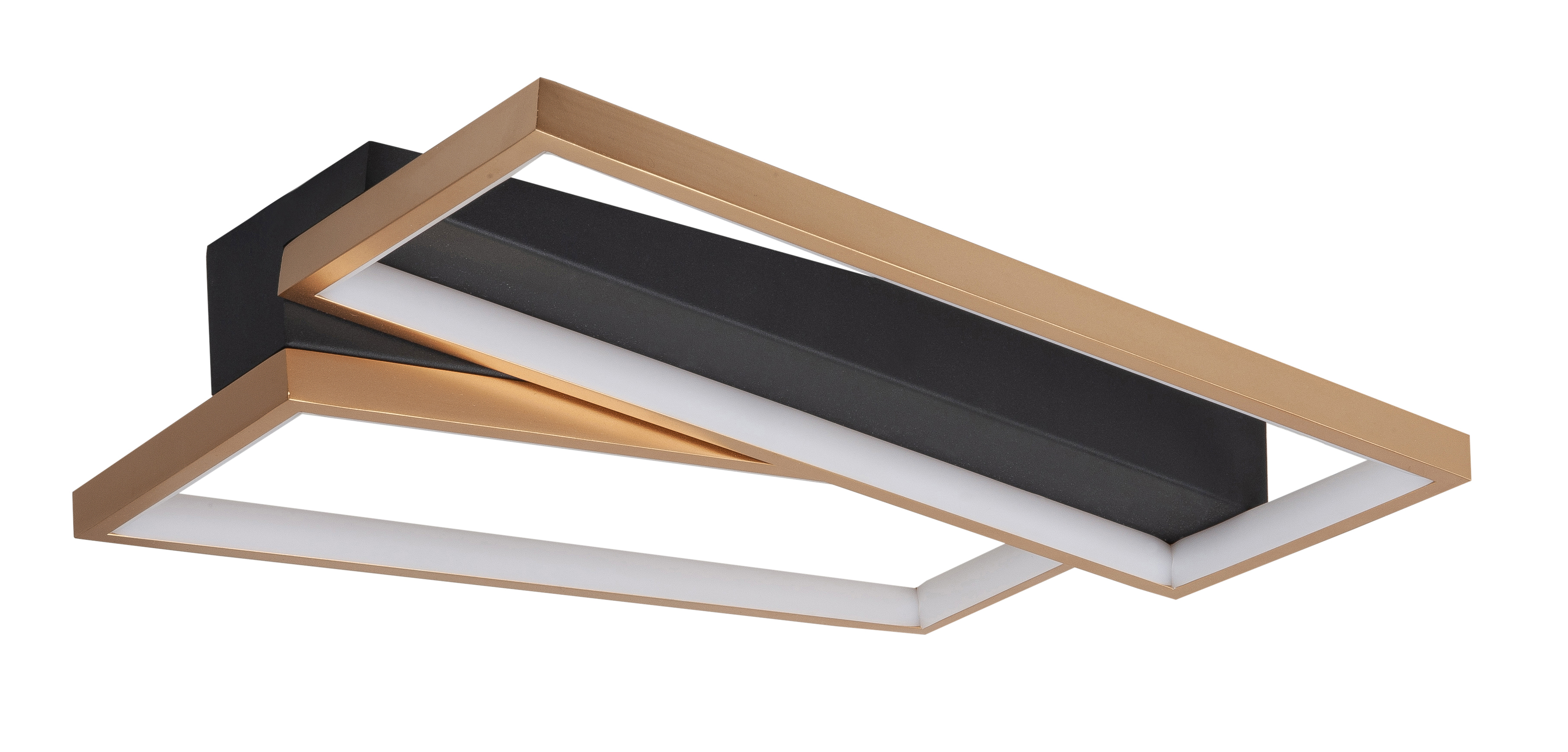 Platte zwarte plafondlamp Helios met een rechthoekige goudkleurige leds